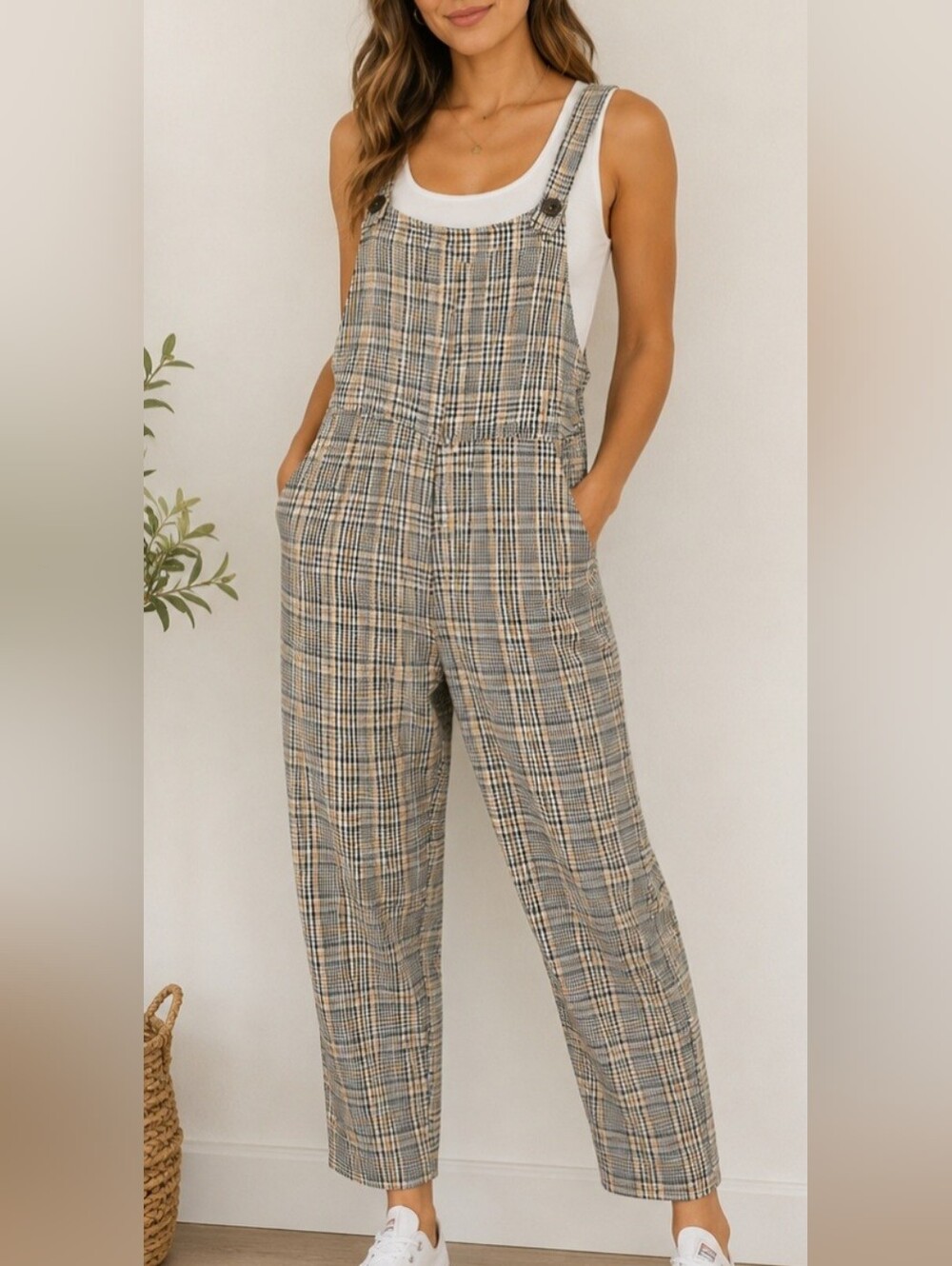 Cotton On Plaid Tapered Leg Jumpsuit Overalls Womens M Lightweight Ankle